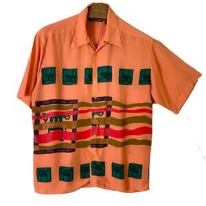 NWOT GENERRA COLLECTION Shirt M Vintage Art Tribe Aztec Folk Stripe Coral Button